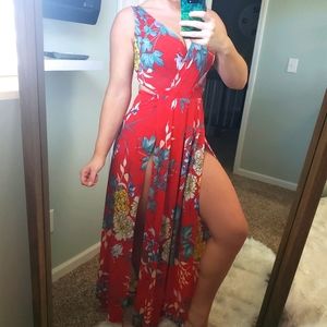 High cut slits red maxi dress